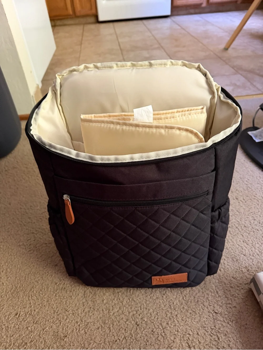 Quilted Black Diaper Bag with Faux Leather Trim + Wipe Case